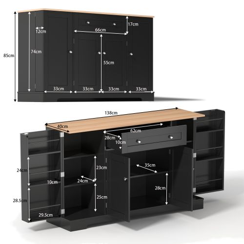 Buffet De Cuisine 138 Cm Noir - 1 Tiroir, Double Porte, 2 Armoires Latérales Réglables