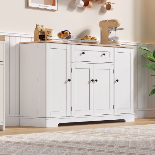 Buffet De Cuisine 138 Cm Naturel Et Blanc Avec 1 Tiroir, Double Porte Et 2 Armoires Latérales