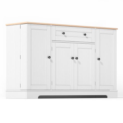 Buffet De Cuisine 138 Cm Naturel Et Blanc Avec 1 Tiroir, Double Porte Et 2 Armoires Latérales