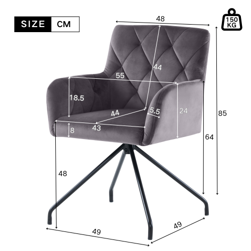 Lot De 2 Chaises De Salle à Manger, Velours Rembourré, Pieds Métal, Accoudoirs, Gris Foncé