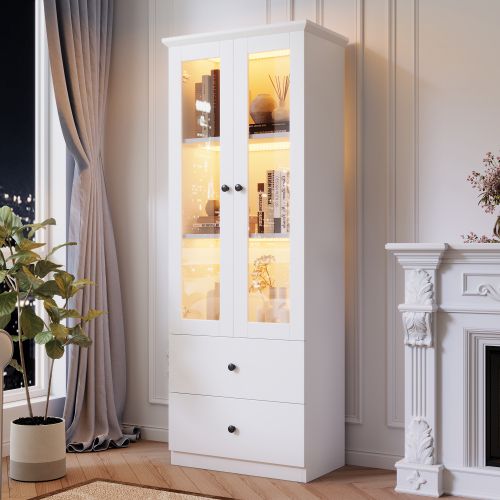 Vitrine Blanche LED, 2 Portes Vitrées, 2 Tiroirs, Étagères Réglables