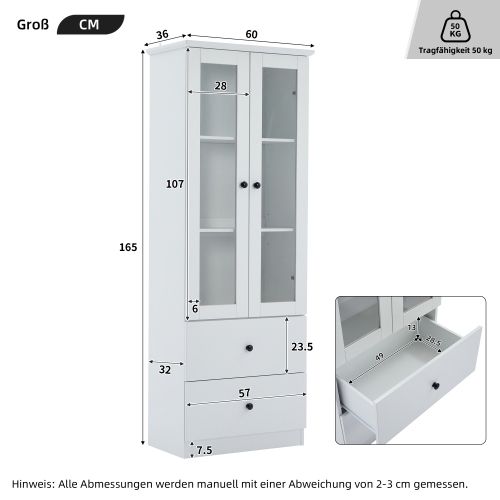Vitrine Blanche LED, 2 Portes Vitrées, 2 Tiroirs, Étagères Réglables