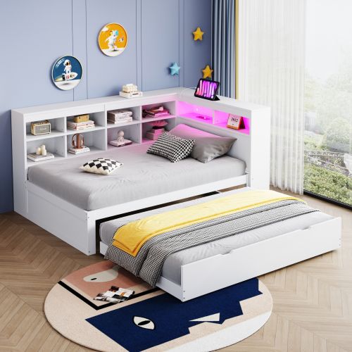Lit Enfant 90x200 Cm Avec Lit Gigogne 90x190 Cm, Tête De Lit De Rangement Et LED, Blanc