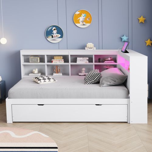 Lit Enfant 90x200 Cm Avec Lit Gigogne 90x190 Cm, Tête De Lit De Rangement Et LED, Blanc