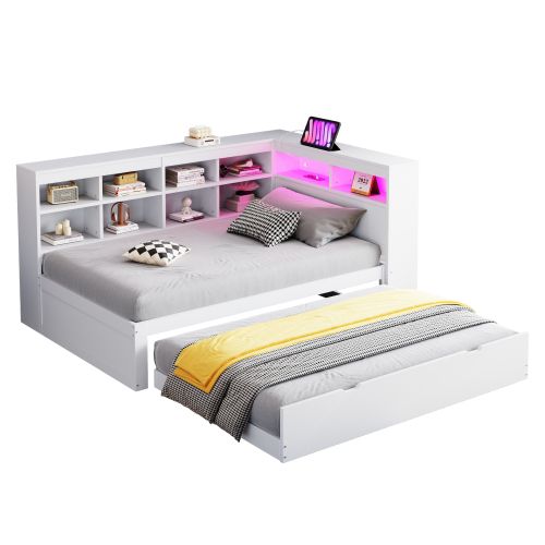 Lit Enfant 90x200 Cm Avec Lit Gigogne 90x190 Cm, Tête De Lit De Rangement Et LED, Blanc