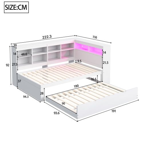 Lit Enfant 90x200 Cm Avec Lit Gigogne 90x190 Cm, Tête De Lit De Rangement Et LED, Blanc