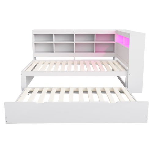 Lit Enfant 90x200 Cm Avec Lit Gigogne 90x190 Cm, Tête De Lit De Rangement Et LED, Blanc