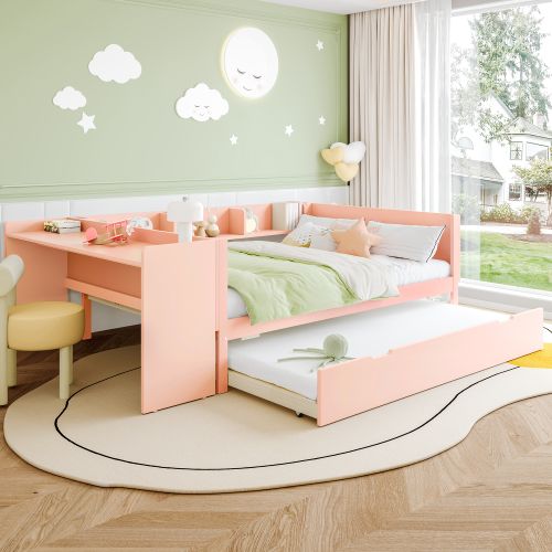 Lit Enfant 140x200 Cm Avec Lit Gigogne 90x190 Cm, Bureau, Étagère De Rangement, En Bois, Rose