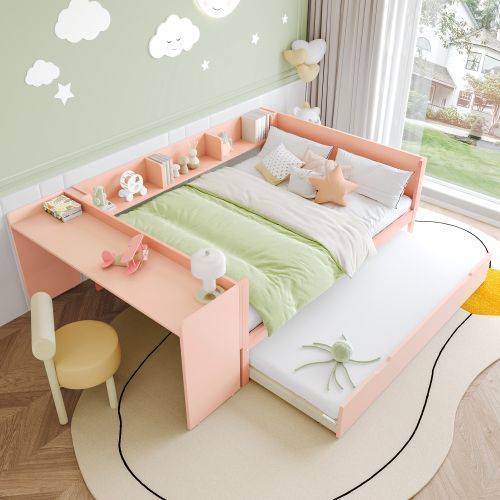 Lit Enfant 140x200 Cm Avec Lit Gigogne 90x190 Cm, Bureau, Étagère De Rangement, En Bois, Rose