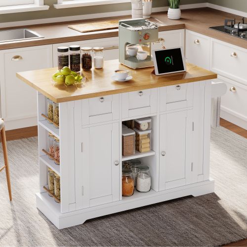 Buffet De Cuisine à 5 Roulettes, Plateau Extensible, Prises Intégrées, Blanc Et Naturel