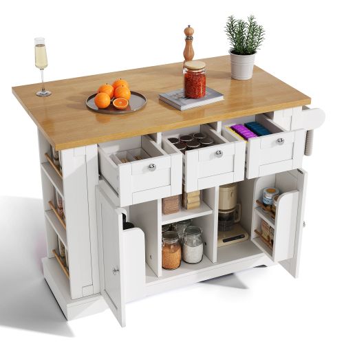 Buffet De Cuisine à 5 Roulettes, Plateau Extensible, Prises Intégrées, Blanc Et Naturel