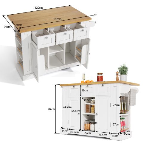 Buffet De Cuisine à 5 Roulettes, Plateau Extensible, Prises Intégrées, Blanc Et Naturel