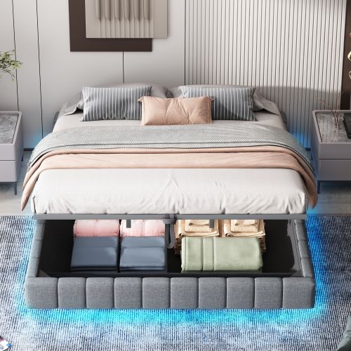 Lit Coffre Adulte 180x200 Cm, Avec LED, Sans Tête De Lit, En Lin, Gris