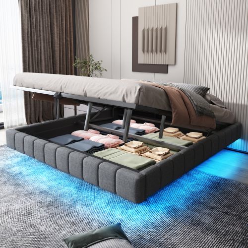 Lit Coffre Adulte 180x200 Cm, Avec LED, Sans Tête De Lit, En Lin, Gris