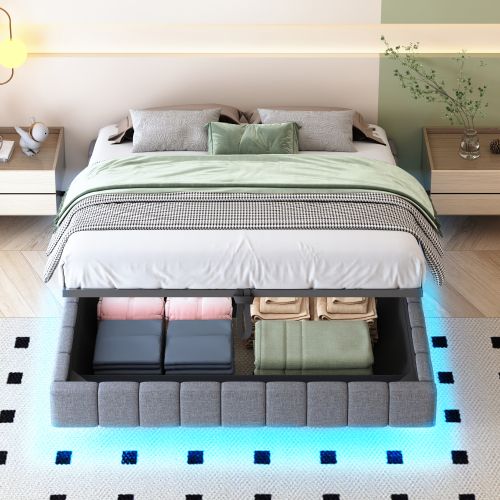 Lit Coffre Adulte 160x200 Cm, Sans Tête De Lit, Avec LED, En Lin Gris