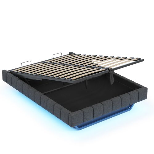 Lit Coffre Adulte 160x200 Cm, Sans Tête De Lit, Avec LED, En Lin Gris
