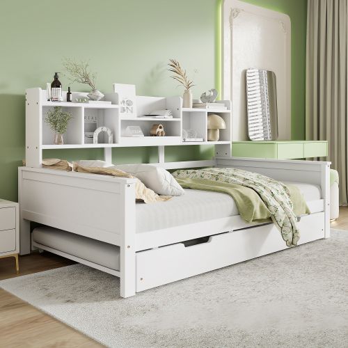 Lit Gigogne 90x200 Cm Et 90x190 Cm Avect Étagère De Rangement, En Bois, Blanc