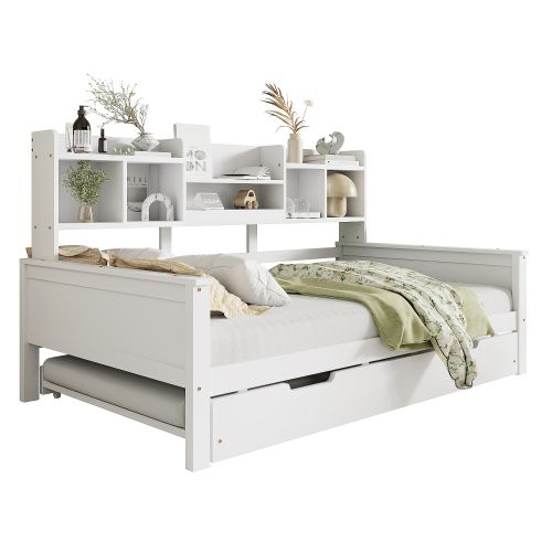 Lit Gigogne 90x200 Cm Et 90x190 Cm Avect Étagère De Rangement, En Bois, Blanc
