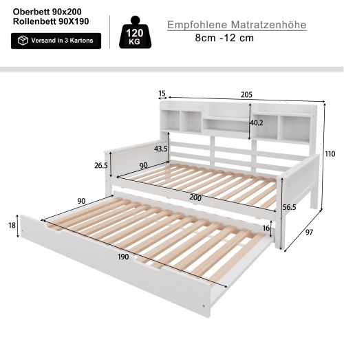 Lit Gigogne 90x200 Cm Et 90x190 Cm Avect Étagère De Rangement, En Bois, Blanc