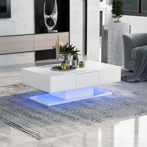 Table Basse Rectangulaire Blanche Haute Brillance Avec 2 Tiroirs Et LED