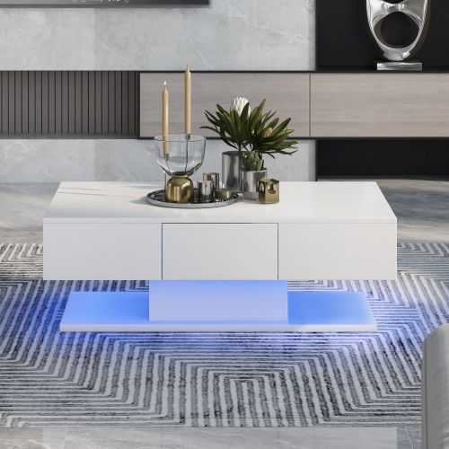 Table Basse Rectangulaire Blanche Haute Brillance Avec 2 Tiroirs Et LED