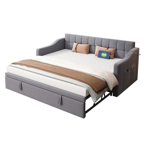 Lit Gigogne 90/180x190 Cm Avec Lattes Et Ports USB Et Type-c, Extensible, En Velours, Gris