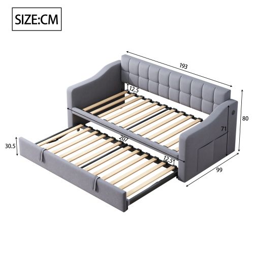 Lit Gigogne 90/180x190 Cm Avec Lattes Et Ports USB Et Type-c, Extensible, En Velours, Gris