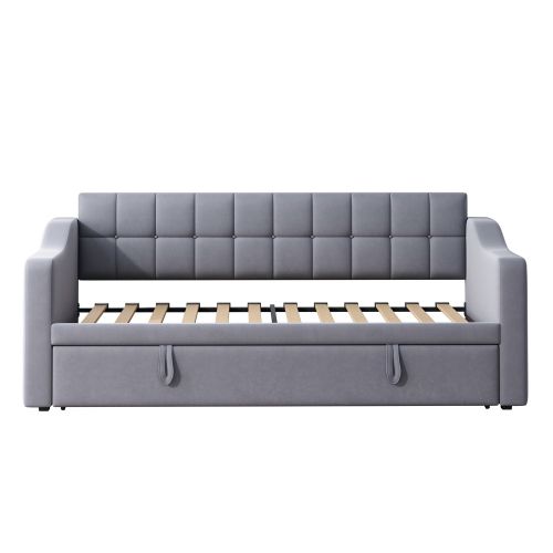 Lit Gigogne 90/180x190 Cm Avec Lattes Et Ports USB Et Type-c, Extensible, En Velours, Gris
