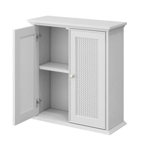 Meuble De Salle De Bain Blanc à Portes En Rotin Et Étagères Réglables