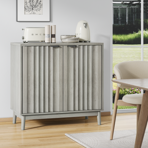 Buffet Gris Avec Portes Rainurées, Étagère Réglable, Poignée Noire