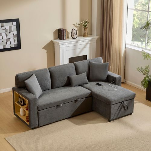 Canapé D'angle Convertible 3 Places Avec Ottomane Réversible Et Rangements Gris Foncé