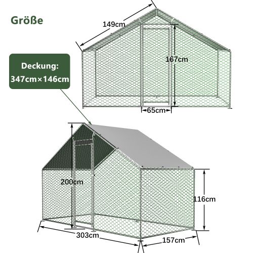 Enclos Poulailler En Métal Galvanisé 3x1,5x2 M Avec Bâche Pe Étanche Uv Et Serrure, Argent