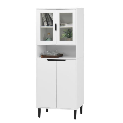 Buffet De Cuisine, Armoire De Rangement Haute En Mdf Blanc Avec Portes En Verre Trempé