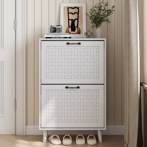 Meuble à Chaussures Étroit Avec Portes En Rotin,  Pieds En Bois Massif, Blanc