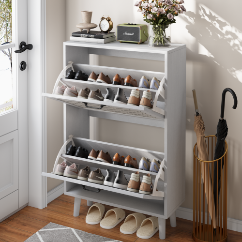 Meuble à Chaussures Étroit Avec Portes En Rotin,  Pieds En Bois Massif, Blanc