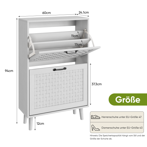 Meuble à Chaussures Étroit Avec Portes En Rotin,  Pieds En Bois Massif, Blanc