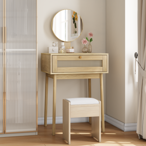 Coiffeuse En Rotin Avec Miroir Rond, Sans Chaises