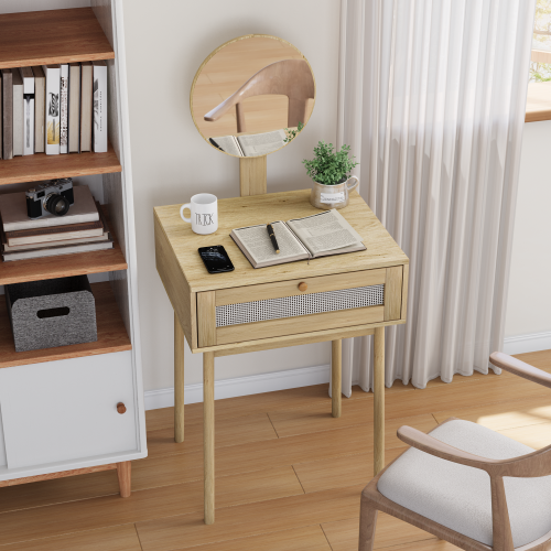 Coiffeuse En Rotin Avec Miroir Rond, Sans Chaises