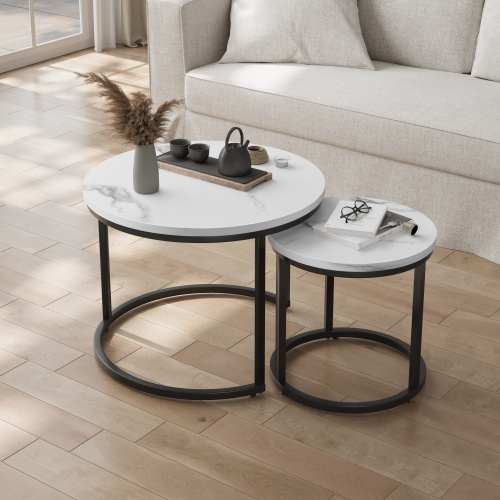 Lot De 2 Tables Gigognes Rondes Blanches Avec Piètement Métallique