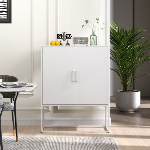 Buffet Métallique Moderne Blanc - Acier, 2 Étagères, Portes Magnétiques, Anti-basculement