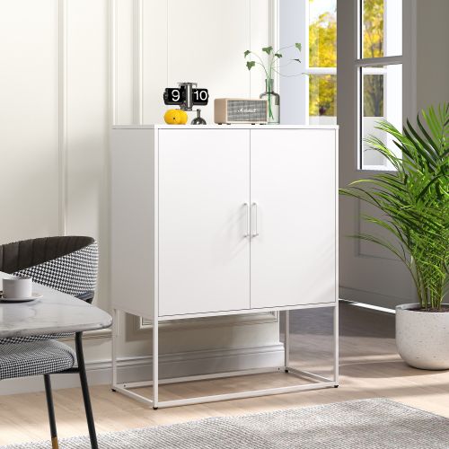 Buffet Métallique Moderne Blanc - Acier, 2 Étagères, Portes Magnétiques, Anti-basculement