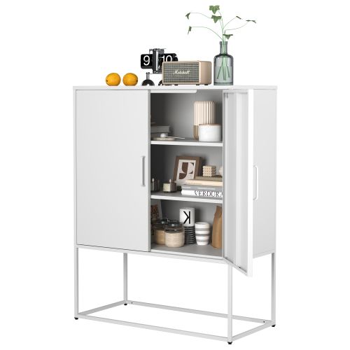 Buffet Métallique Moderne Blanc - Acier, 2 Étagères, Portes Magnétiques, Anti-basculement