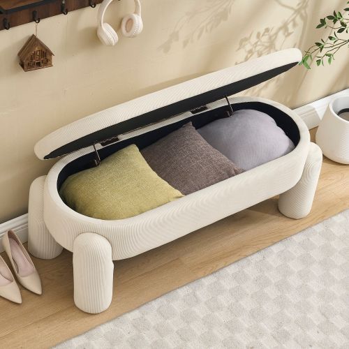 Banc De Rangement Avec Espace De Rangement, Tissu Chenille, Structure En Bois Massif, Beige