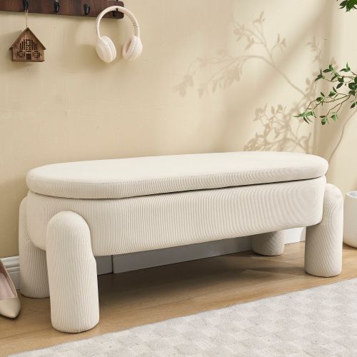 Banc De Rangement Avec Espace De Rangement, Tissu Chenille, Structure En Bois Massif, Beige
