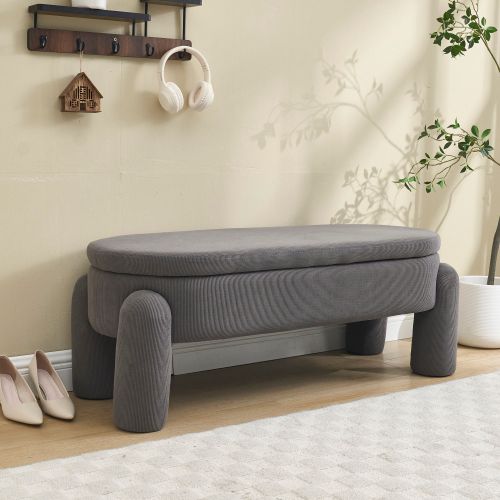 Banc De Rangement Avec Espace De Rangement, Tissu Chenille, Structure En Bois Massif, Gris