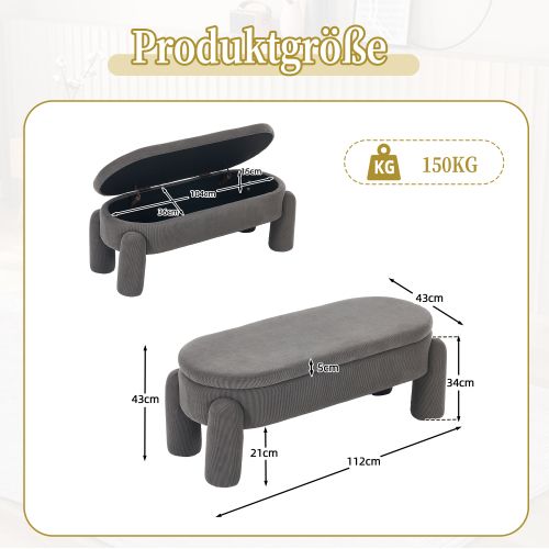 Banc De Rangement Avec Espace De Rangement, Tissu Chenille, Structure En Bois Massif, Gris