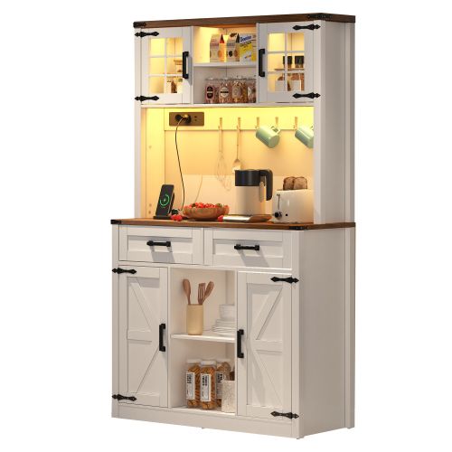Buffet Haut Blanc Avec LED Réglables, 2 Prises, USB Et Type‑c