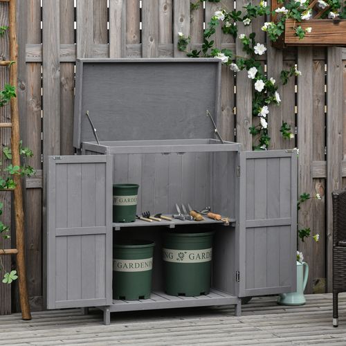 Armoire De Jardin En Bois De Sapin Laqué Gris, 2 Étagères, Double Porte, 74x43x88 Cm