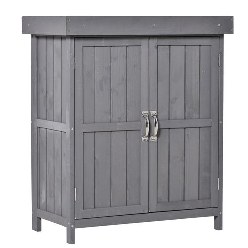 Armoire De Jardin En Bois De Sapin Laqué Gris, 2 Étagères, Double Porte, 74x43x88 Cm