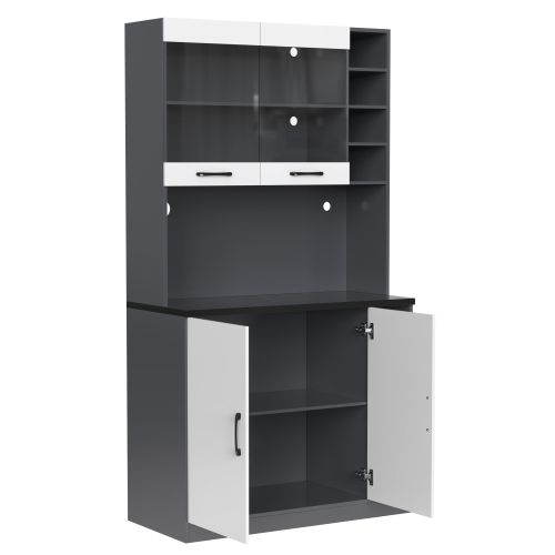 Buffet De Cuisine, Buffet Haut Avec Éclairage LED Et Passe-câbles, Étagère En Verre, Gris Et Blanc